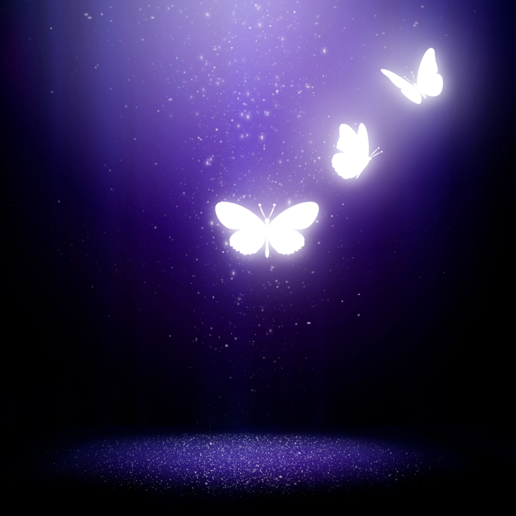 Neon white butterflies against a purple and black background (symbolizing inner miracle)